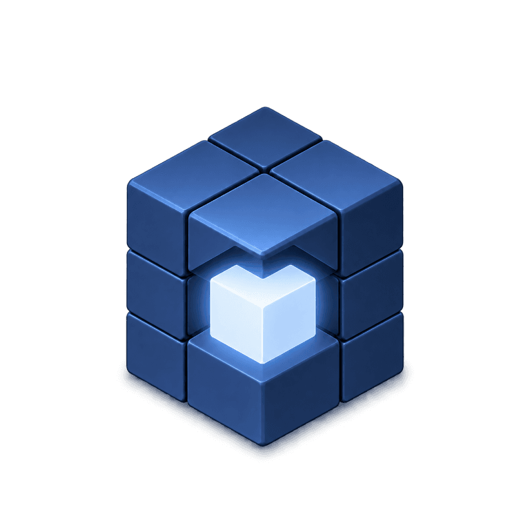BrickSense-logo: en blå kube med en lysende kerne